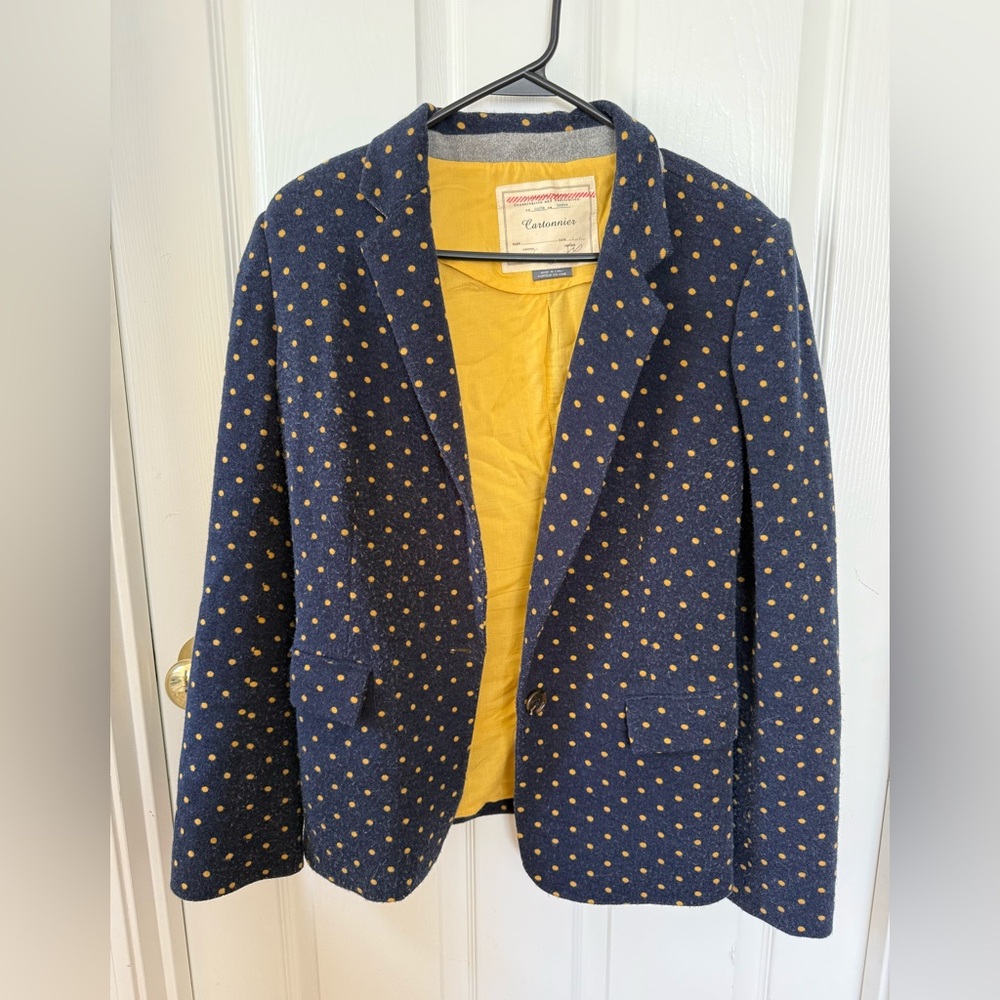 Anthropologie Cartionnier Navy Polka Dot Blazer with Mustard Lining